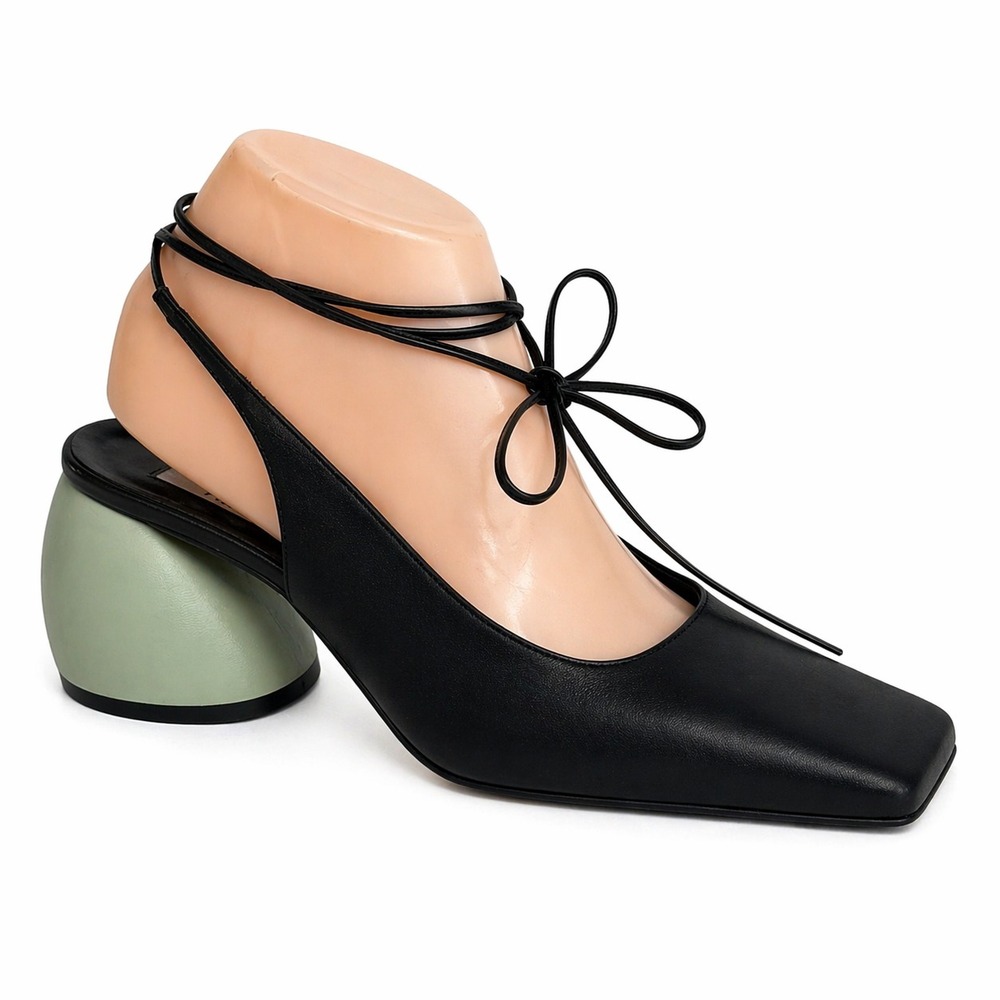 YUUL YIE Alexia Slingback Heels 38 Black Leather Lace Up Sculptural Heel